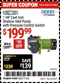 Harbor Freight Coupon DRUMMOND 1 HP CAST IRON SHALLOW WELL PUMP WITH PRESSURE CONTROL SWITCH Lot No. 63752 Expired: 6/23/24 - $199.99
