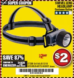 Harbor Freight Coupon HEADLAMP WITH SWIVEL LENS Lot No. 45807/61319/63598/62614 Expired: 6/30/20 - $2