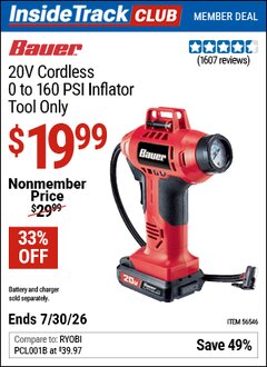 Harbor Freight ITC Coupon BAUER 20V CORDLESS, 0 TO 160 PSI INFLATOR &ndash; TOOL ONLY Lot No. 56546 Valid Thru: 7/30/26 - $19.99
