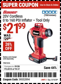 Harbor Freight Coupon BAUER 20V CORDLESS, 0 TO 160 PSI INFLATOR &ndash; TOOL ONLY Lot No. 56546 Expired: 5/10/26 - $21.99