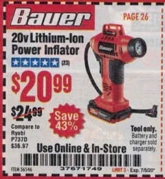 Harbor Freight Coupon BAUER 20V CORDLESS 0-160 PSI INFLATOR - TOOL ONLY Lot No. 56546 Expired: 7/5/20 - $20.99