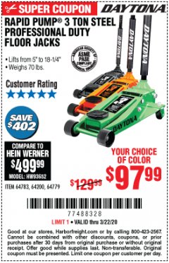Harbor Freight Coupon DAYTONA RAPID PUMP 3 TON STEEL PROFESSIONAL DUTY FLOOR JACKS Lot No. 64783/64200/64779 Expired: 3/22/20 - $97.99