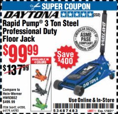 Harbor Freight Coupon DAYTONA RAPID PUMP 3 TON STEEL PROFESSIONAL DUTY FLOOR JACKS Lot No. 64783/64200/64779 Expired: 1/18/21 - $99.99