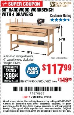 Harbor Freight Coupon 60" HARDWOOD WORKBENCH WITH 4 DRAWERS Lot No. 63395/93454/69054/62603 Expired: 3/22/20 - $117.99