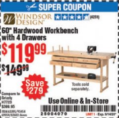 Harbor Freight Coupon 60" HARDWOOD WORKBENCH WITH 4 DRAWERS Lot No. 63395/93454/69054/62603 Expired: 9/14/20 - $119.99