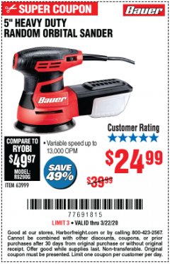 Harbor Freight Coupon 5" HEAVY DUTY RANDOM ORBITAL SANDER Lot No. 63999 Expired: 3/22/20 - $24.99