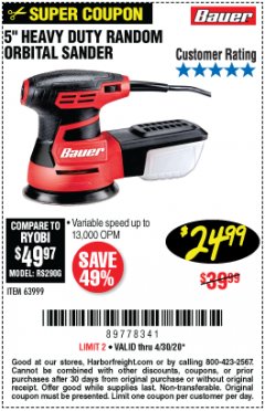 Harbor Freight Coupon 5" HEAVY DUTY RANDOM ORBITAL SANDER Lot No. 63999 Expired: 6/30/20 - $24.99