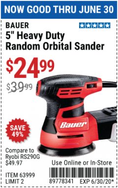 Harbor Freight Coupon 5" HEAVY DUTY RANDOM ORBITAL SANDER Lot No. 63999 Expired: 6/30/20 - $24.99