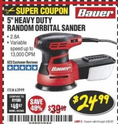 Harbor Freight Coupon 5" HEAVY DUTY RANDOM ORBITAL SANDER Lot No. 63999 Expired: 4/30/20 - $24.99