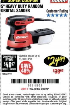 Harbor Freight Coupon 5" HEAVY DUTY RANDOM ORBITAL SANDER Lot No. 63999 Expired: 6/30/20 - $24.99