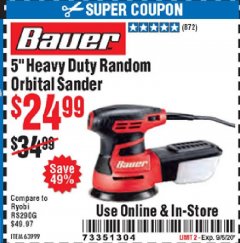 Harbor Freight Coupon 5" HEAVY DUTY RANDOM ORBITAL SANDER Lot No. 63999 Expired: 9/6/20 - $24.99