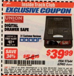 Harbor Freight ITC Coupon DIGITAL DRAWER SAFE Lot No. 62985 Expired: 7/31/19 - $39.99