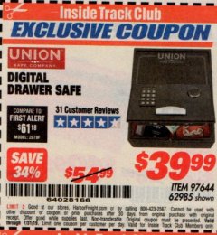 Harbor Freight ITC Coupon DIGITAL DRAWER SAFE Lot No. 62985 Expired: 7/31/19 - $39.99