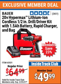 Harbor Freight ITC Coupon 20V LITHIUM-ION CORDLESS 1/2" COMPACT DRILL/DRIVER KIT Lot No. 64754/63531 Expired: 2/25/21 - $49.99