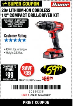 Harbor Freight Coupon 20V LITHIUM-ION CORDLESS 1/2" COMPACT DRILL/DRIVER KIT Lot No. 64754/63531 Expired: 6/30/20 - $59.99