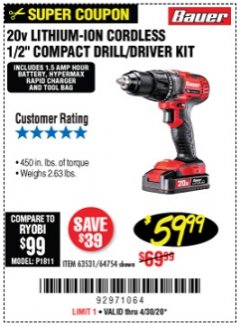 Harbor Freight Coupon 20V LITHIUM-ION CORDLESS 1/2" COMPACT DRILL/DRIVER KIT Lot No. 64754/63531 Expired: 6/30/20 - $59.99