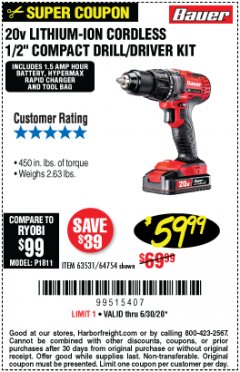 Harbor Freight Coupon 20V LITHIUM-ION CORDLESS 1/2" COMPACT DRILL/DRIVER KIT Lot No. 64754/63531 Expired: 6/30/20 - $59.99