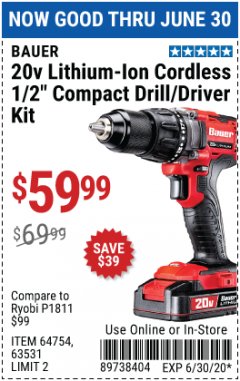 Harbor Freight Coupon 20V LITHIUM-ION CORDLESS 1/2" COMPACT DRILL/DRIVER KIT Lot No. 64754/63531 Expired: 6/30/20 - $59.99