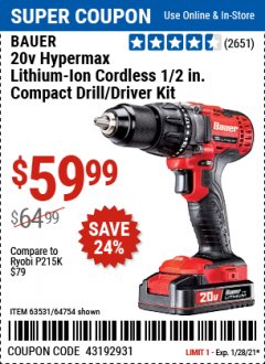 Harbor Freight Coupon 20V LITHIUM-ION CORDLESS 1/2" COMPACT DRILL/DRIVER KIT Lot No. 64754/63531 Expired: 1/28/21 - $59.99