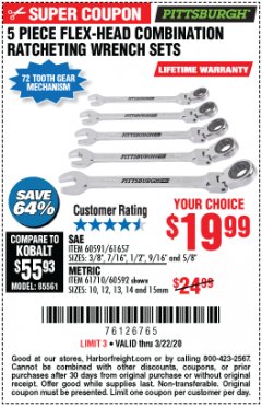 Harbor Freight Coupon 5 PIECE FLEX-HEAD COMBINATION RATCHETING WRENCH SETS Lot No. 60591/61657/61710/60592 Expired: 3/22/20 - $19.99