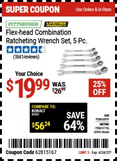Harbor Freight Coupon 5 PIECE FLEX-HEAD COMBINATION RATCHETING WRENCH SETS Lot No. 60591/61657/61710/60592 Expired: 4/24/22 - $19.99