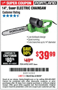 Harbor Freight Coupon 14", 9 AMP ELECTRIC CHAINSAW Lot No. 64498/64497 Expired: 6/30/20 - $39.99
