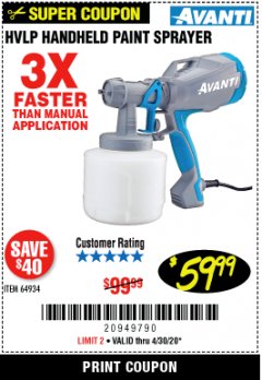 Harbor Freight Coupon HVLP HANDHELD PAINT SPRAYER Lot No. 64934 Expired: 6/30/20 - $59.99