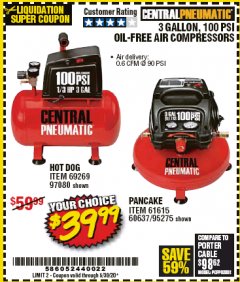 Harbor Freight Coupon 3 GALLON, 100PSI OIL-FREE AIR COMPRESSORS Lot No. 69269/97080/60637/61615/95275 Expired: 6/30/20 - $39.99