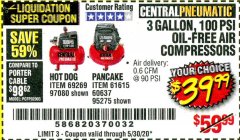 Harbor Freight Coupon 3 GALLON, 100PSI OIL-FREE AIR COMPRESSORS Lot No. 69269/97080/60637/61615/95275 Expired: 6/30/20 - $39.99