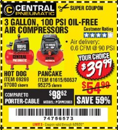 Harbor Freight Coupon 3 GALLON, 100PSI OIL-FREE AIR COMPRESSORS Lot No. 69269/97080/60637/61615/95275 Expired: 6/28/20 - $39.99