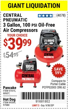 Harbor Freight Coupon 3 GALLON, 100PSI OIL-FREE AIR COMPRESSORS Lot No. 69269/97080/60637/61615/95275 Expired: 9/30/20 - $39.99