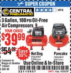 Harbor Freight Coupon 3 GALLON, 100PSI OIL-FREE AIR COMPRESSORS Lot No. 69269/97080/60637/61615/95275 Expired: 10/23/20 - $39.99