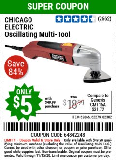 Harbor Freight Coupon SINGLE SPEED MULTI-TOOL Lot No. 62866/60428/62279/62302/68861 Expired: 11/15/20 - $5