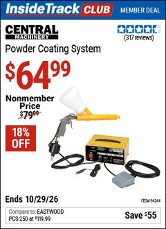 Harbor Freight ITC Coupon CENTRAL MACHINERY POWDER COATING SYSTEM Lot No. 94244 Valid Thru: 10/29/26 - $64.99