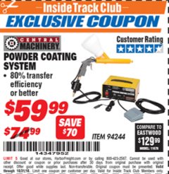 Harbor Freight ITC Coupon CENTRAL MACHINERY POWDER COATING SYSTEM Lot No. 94244 Expired: 10/31/18 - $59.99