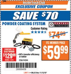 Harbor Freight ITC Coupon CENTRAL MACHINERY POWDER COATING SYSTEM Lot No. 94244 Expired: 11/13/18 - $59.99