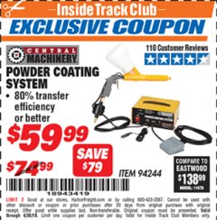 Harbor Freight ITC Coupon CENTRAL MACHINERY POWDER COATING SYSTEM Lot No. 94244 Expired: 4/30/19 - $59.99