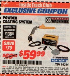 Harbor Freight ITC Coupon CENTRAL MACHINERY POWDER COATING SYSTEM Lot No. 94244 Expired: 7/31/19 - $59.99