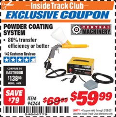 Harbor Freight ITC Coupon CENTRAL MACHINERY POWDER COATING SYSTEM Lot No. 94244 Expired: 2/29/20 - $59.99