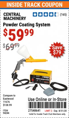 Harbor Freight ITC Coupon CENTRAL MACHINERY POWDER COATING SYSTEM Lot No. 94244 Expired: 8/31/20 - $59.99