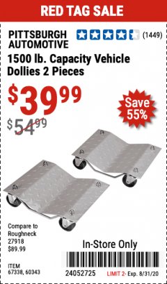 Harbor Freight Coupon 1500 LB. CAPACITY VEHICLE DOLLIES 2 PIECE SET Lot No. 60343/67338 Expired: 8/31/20 - $39.99