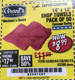 Harbor Freight Coupon 14" X 13" SHOP TOWELS PACK OF 50 Lot No. 63365/64730/56119/63360 Expired: 6/21/20 - $8.99