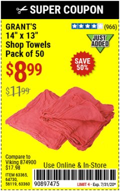 Harbor Freight Coupon 14" X 13" SHOP TOWELS PACK OF 50 Lot No. 63365/64730/56119/63360 Expired: 7/31/20 - $8.99
