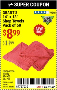 Harbor Freight Coupon 14" X 13" SHOP TOWELS PACK OF 50 Lot No. 63365/64730/56119/63360 Expired: 7/31/20 - $8.99