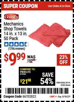 Harbor Freight Coupon 14" X 13" SHOP TOWELS PACK OF 50 Lot No. 63365/64730/56119/63360 Expired: 9/18/22 - $9.99