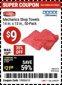 Harbor Freight Coupon 14" X 13" SHOP TOWELS PACK OF 50 Lot No. 63365/64730/56119/63360 Expired: 4/30/23 - $9