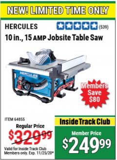 Harbor Freight ITC Coupon HERCULES 10" 15 AMP JOBSITE TABLE SAW Lot No. 64855 Expired: 11/25/20 - $249.99