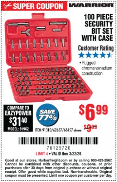 Harbor Freight Coupon 100 PIECE SECURITY BIT SET WITH CASE Lot No. 91310/62657/68457 Expired: 3/22/20 - $6.99