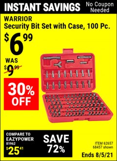 Harbor Freight Coupon 100 PIECE SECURITY BIT SET WITH CASE Lot No. 91310/62657/68457 Expired: 8/5/21 - $6.99