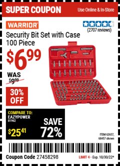 Harbor Freight Coupon 100 PIECE SECURITY BIT SET WITH CASE Lot No. 91310/62657/68457 Expired: 10/30/22 - $6.99
